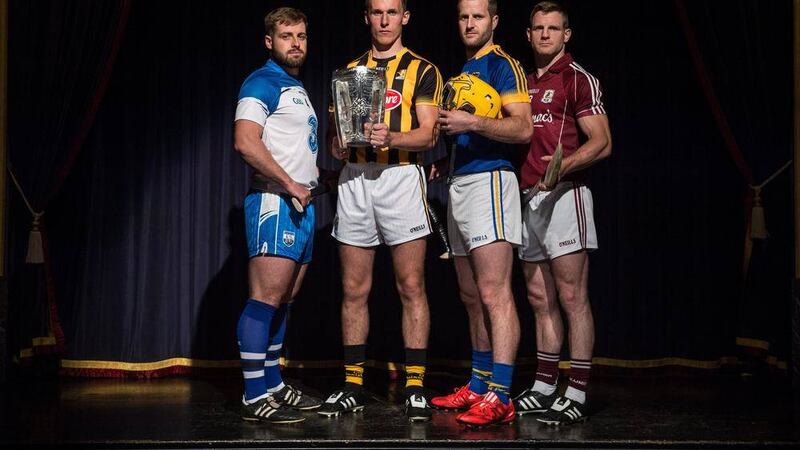14 July 2015; In attendance at the launch of the GAA Hurling All-Ireland Senior Championship Series 2015, from left, Noel Connors, Waterford, Cillian Buckley, Kilkenny, with the Liam MacCarthy Cup, Kieran Bergin, Tipperary, and Andy Smith, Galway. Langtons House Hotel, Kilkenny. Picture credit: Brendan Moran / SPORTSFILE *** NO REPRODUCTION FEE ***. 