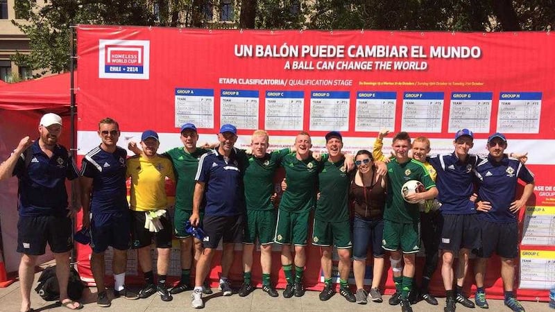 The Northern Ireland team at the 2014 Homeless World Cup in Chile, from left: Aidan Byrne (co-founder Street Soccer NI), Tomasz Jarzynski, Gareth Meli, Robert Clarke, Terry Moore (coach), Daly Mooney, Gerard McCaughey, Brendan Kingsmore, Stef (local rep), Padraig McKissock, Kenny Flood, Stephen Weldon (volunteer coach), Justin McMinn (team manager and co-founder of Street Soccer NI)&nbsp;