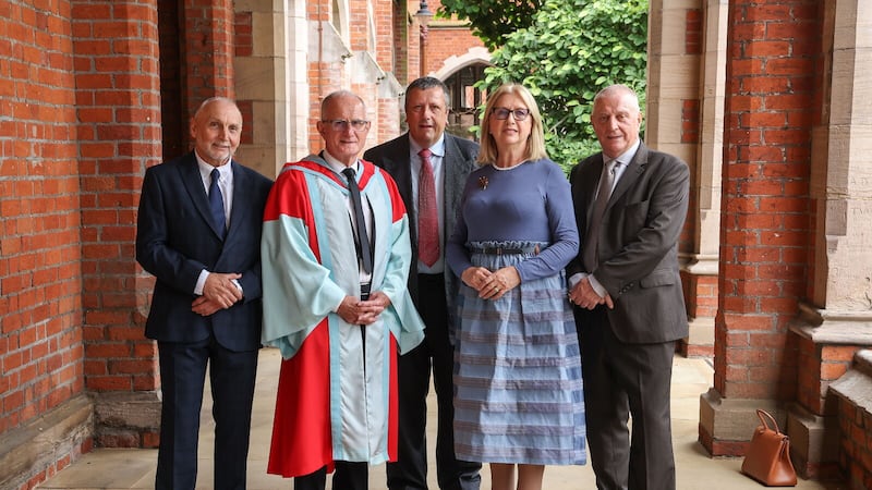 Mary and Martin McAleese pictured at Queen's with Sean Murray, David Campbell and Jackie McDonald. Picture by Mal McCann
