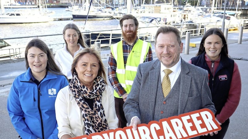 Helping students to consider &lsquo;Build Your Career&rsquo; for a future in construction are (front from left) Shannon McGilligan, Henry Brothers; Julia Carson, W5; and Barry Neilson, CITB NI. Back - Louise McCooey, MJM Marine; Owen Mort, Department for Communities Historic Environment Division; and Emily Robinson Dawson, Wam 