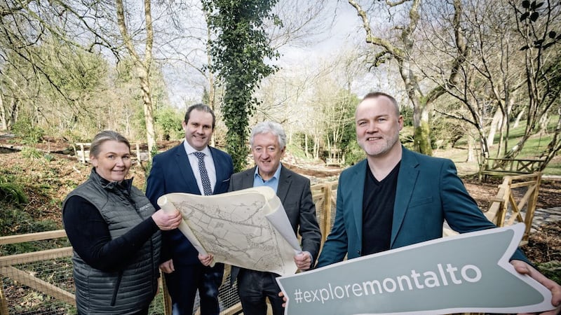 Tourism NI boss John McGrillen (centre) with (L-R): Lesley Heron, David Wilson and Keith Reilly from Montalto Estate. 