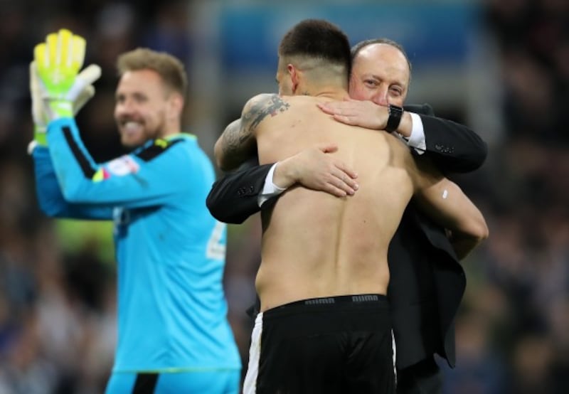 Newcastle United manager Rafael Benitez celebrates promotion to the Premier League