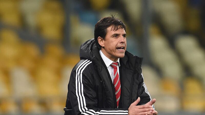 Wales manager Chris Coleman encourages his players from the touchline during Monday's friendly with Ukraine at the NSC Olimpiyskiy in Kiev<br />Picture by AP&nbsp;