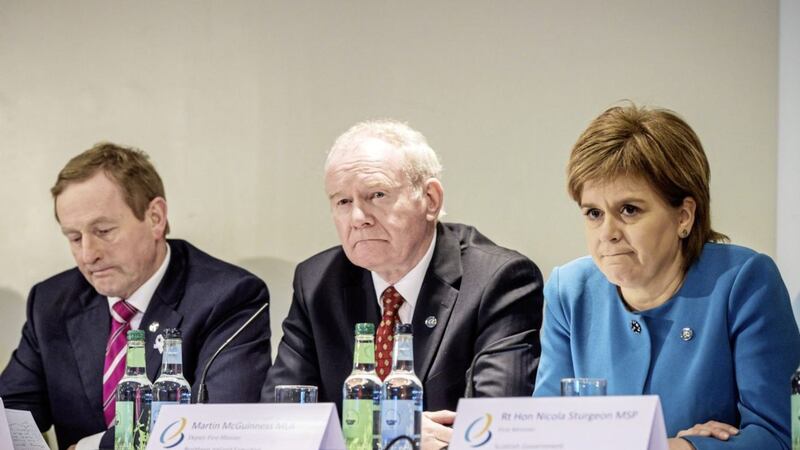 (left to right) Taoiseach Enda Kenny, deputy First Minister of Northern Ireland Martin McGuinness and the First Minister of Scotland Nicola Sturgeon. Picture by Ben Birchall, Press Association              