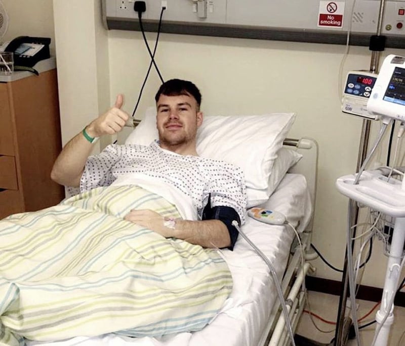 Darragh O&#39;Hanlon gives the thumbs up after undergoing a discectomy at the Ulster Independent Clinic in October 2018 - just days after Kilcoo had lost to Burren in the Down SFC final 