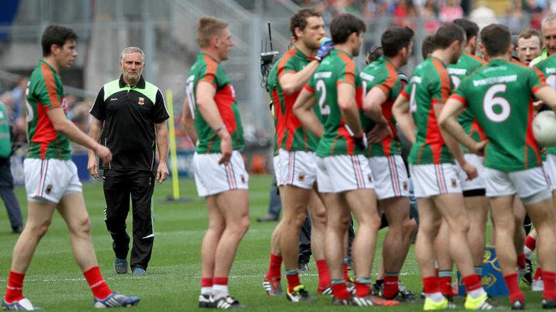 The Mayo players gather after their All-Ireland semi-final with Dublin