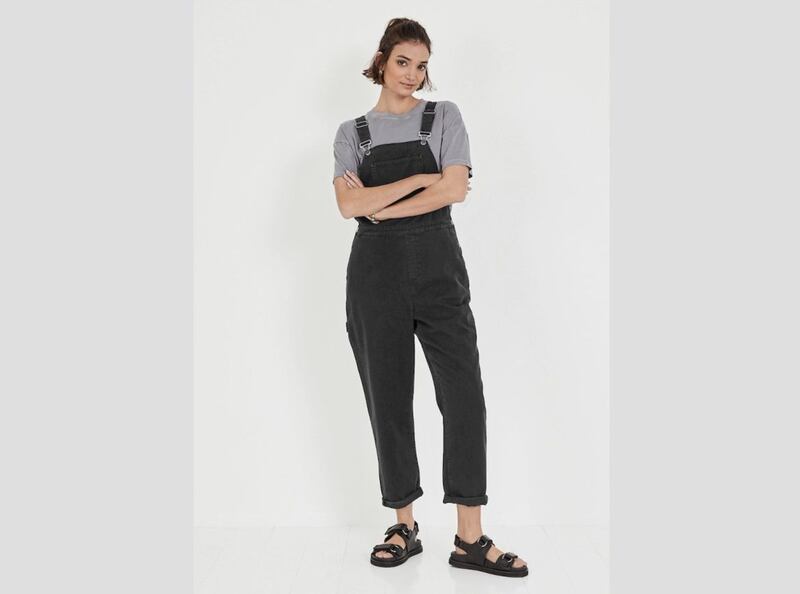 Hush Brier Cotton Twill Dungarees, &pound;89; Bria Boxy Cotton T-shirt, &pound;27; Doby Chunky Sandals, &pound;110, available from Hush 