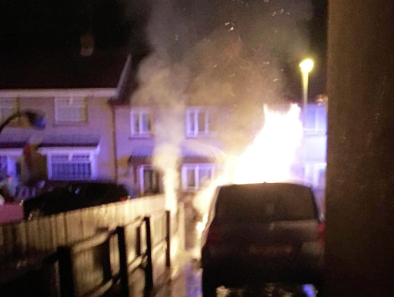 Photos of the blaze outside Kevin Campbell&#39;s home were posted on social media. Picture from Twitter/Derry Sinn F&eacute;in 