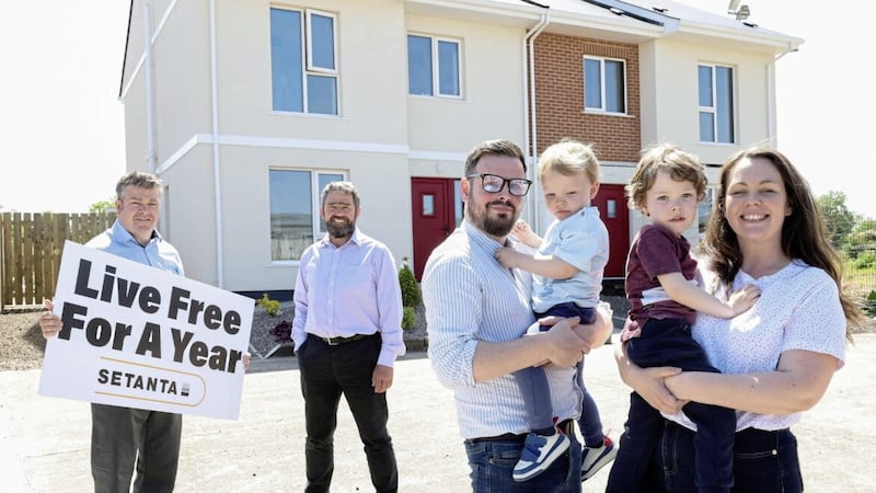 Niall Gribbin and Mark Gribbin, directors at Setanta Construction, with Courtney Gallagher, her husband Michael and their two children. Picture: Darren Kidd/PressEye 