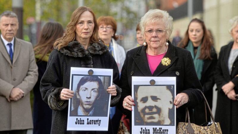 Families of the Ballymurphy massacre victims gather at Belfast Laganside Courts. Pictured are Carmel Quinn holding a picture of her brother John Laverty and Anne Ferguson with a picture of her Father John McKerr. Picture by Mark Marlow 