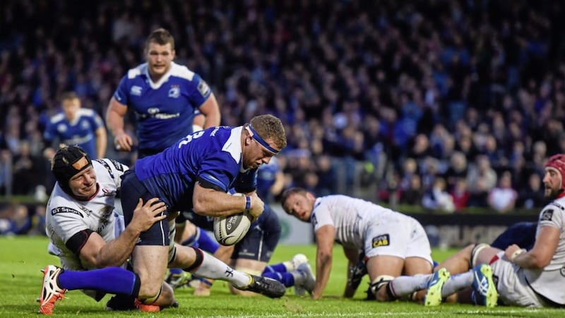 Sean Cronin goes over for Leinster during the Guinness PRO12 play-off against Ulster at the RDS <br />Picture by Sportsfile