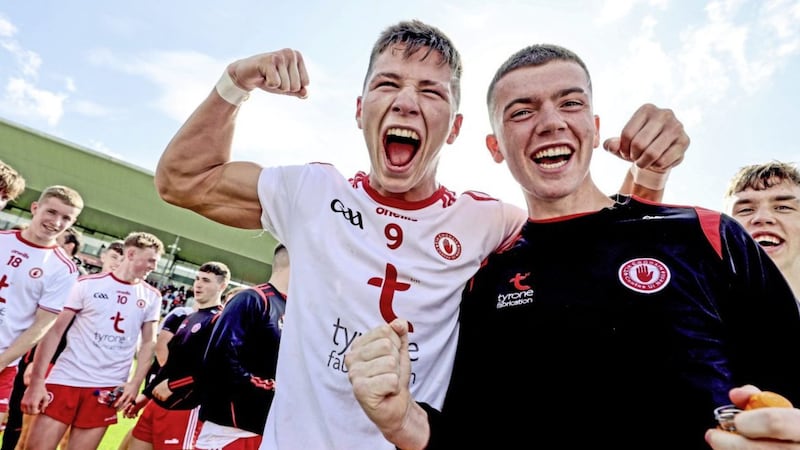 Tyrone&rsquo;s Ruairi McHugh celebrates after the Electric Ireland GAA All-Ireland Minor Football Championship semi-final win over Cork at Bord na Mona O'Connor Park, Tullamore<br /><br />Picture: INPHO/James Crombie
