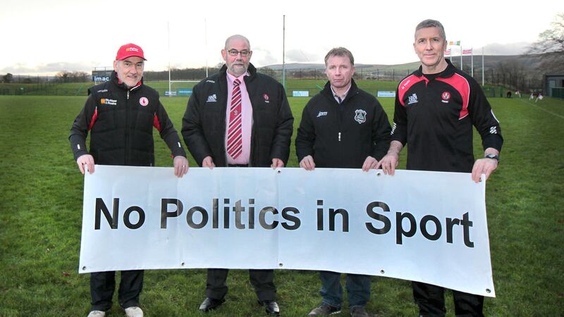 Tyrone manager Mickey Harte, chairman of Derry GAA Brian Smith, Derry All Ireland winner Kieran McKeever and Derry manager Damian Barton show their support for the campaign to get the new sports facilities in Dungiven. Picture by Margaret McLaughlin&nbsp;