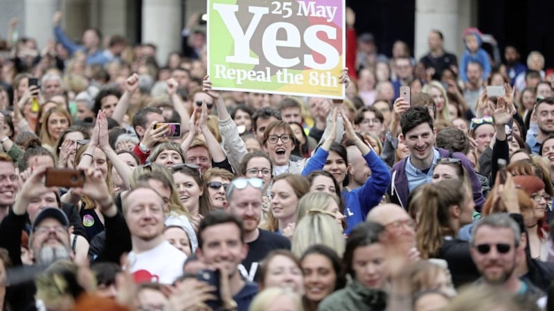 Yes campaigners celebrate as the results are announced in the referendum on the 8th Amendment of the Irish Constitution which prohibits abortions unless a mother's life is in danger