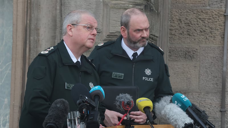 PSNI Chief Constable SImon Byrne and Assistant Chief Constable for Crime Department Mark McEwan speaking to the media today. Picture by Hugh Russell