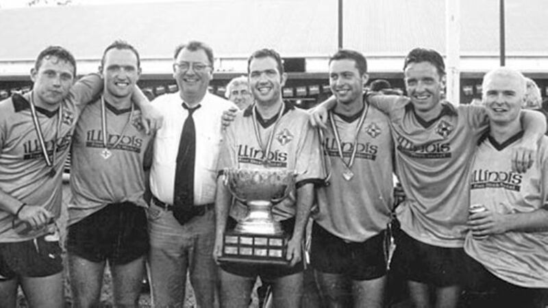 RULING IN OZ... GAA president Joe McDonagh (RIP) (third from left) congratulates team members (from left) Kieran Donnelly, Marty Donohue, Stephen Donnelly (capt), Brendan McMenamin, Donal McMahon and Amos Mullen after New South Wales&rsquo; win in the recent Australasian Football Final in Brisbane 