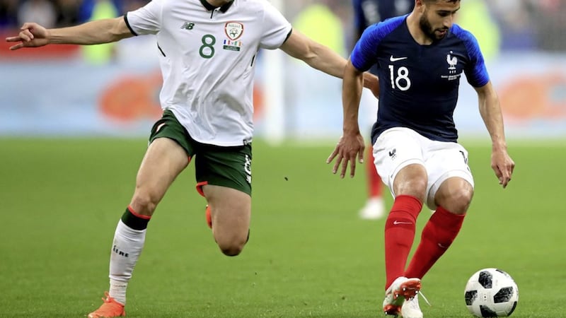 Republic of Ireland&#39;s Callum O&#39;Dowda (left) and France&#39;s Nabil Fekir (right) battle for the ball during the international friendly match at Stade de France, Paris. O&#39;Dowda is back in the international squad after a knee injury 