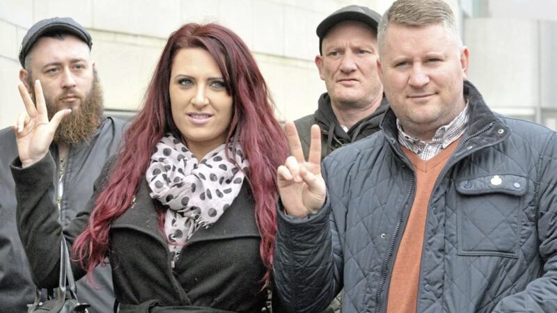 Paul Golding (right) pictured with former Britain First Deputy Jayda Fransen in 2018 as they attended Belfast Magistrates Court. Picture by Alan Lewis. 