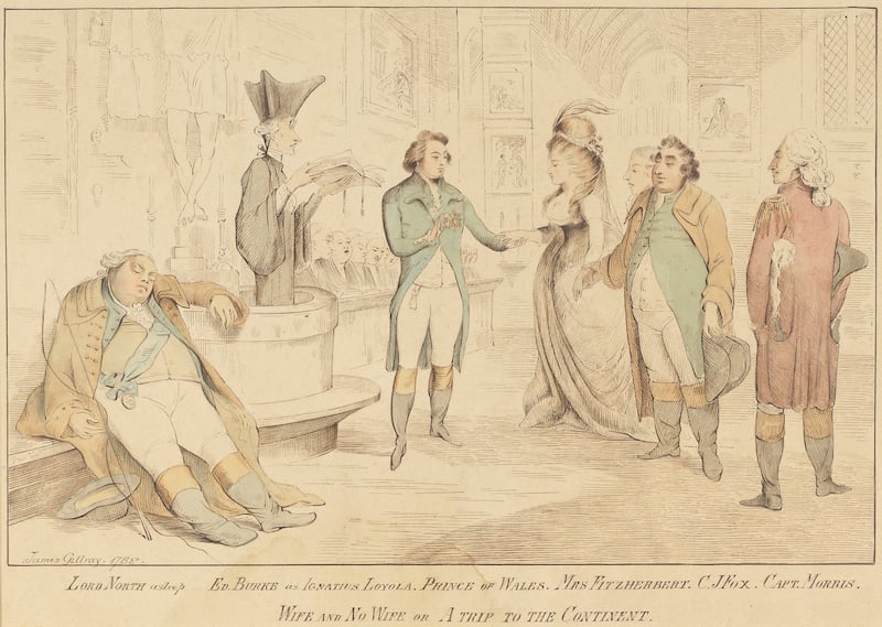 Drawings such as After James Gillray, Wife Or No Wife Or A Trip To The Continent allude to the illegal marriage of the Prince of Wales and Maria Fitzherbert
