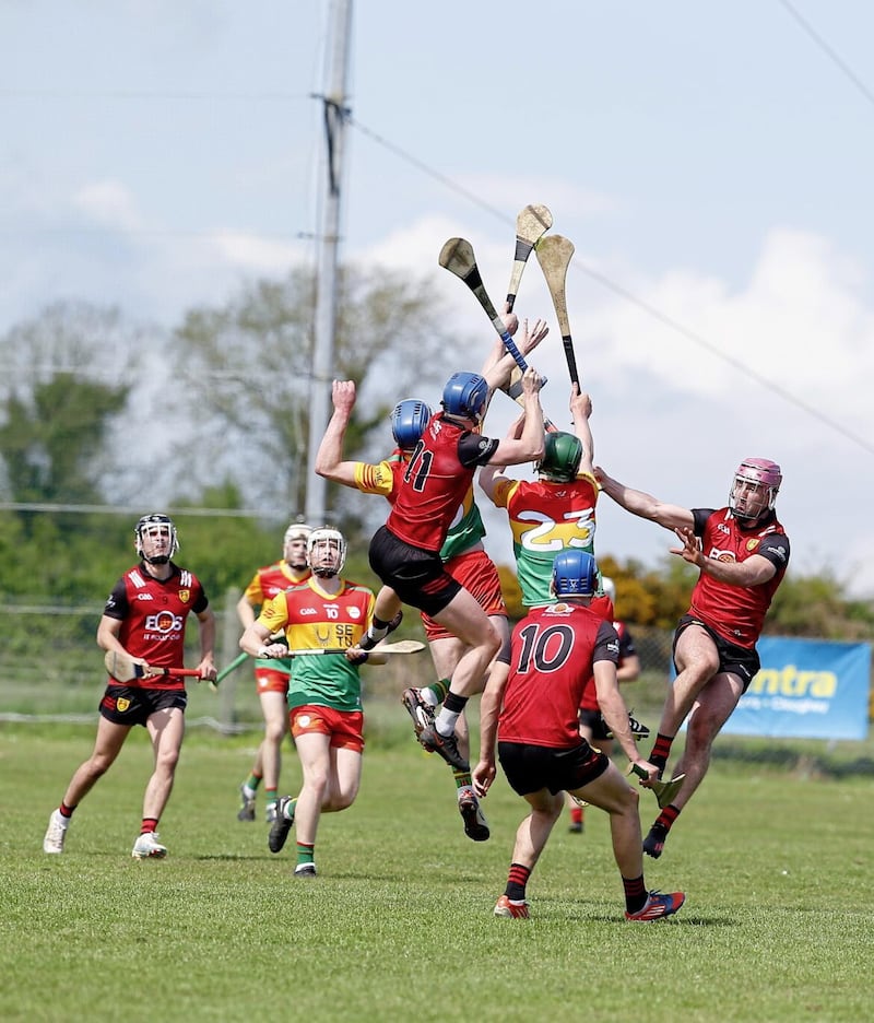Down and Carlow battle it out in resplendent sunshine Pic Philip Walsh. 