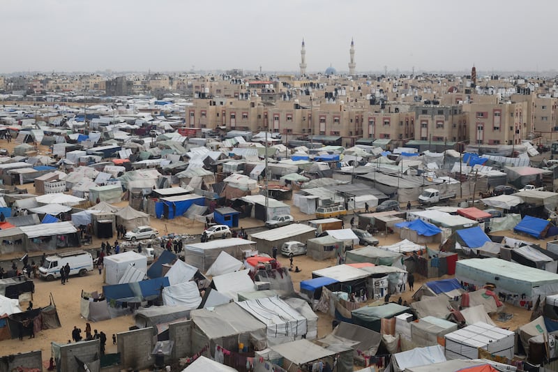 A tent camp housing Palestinians displaced by the Israeli offensive in Rafah in the Gaza Strip (Hatem Ali/AP)