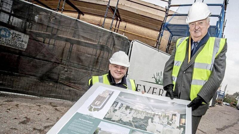 Ten weeks to go....Sir William Hastings, chairman of Hastings Hotels, pictured with general manager Neil Devlin at the Everglades ballroom upgrade  