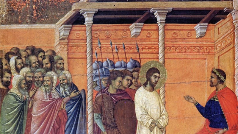 Duccio di Buoninsegna's painting <em>Christ Before Pilate Again</em>, thought to date from between 1308 and 1311, depicts the Roman governor questioning Jesus about his divinity; his kingship is very different from the world's ideas