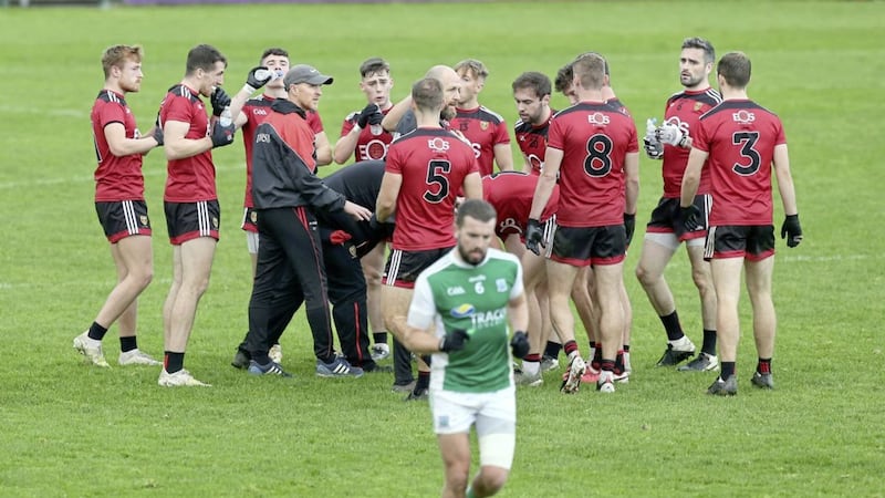 Down manager Paddy Tally encourages his team during a water break against Fermanagh in the Ulster Senior Football Championship quarter-final match at Brewster Park, Enniskillen on Sunday November 8 2020. Picture by Margaret McLaughlin. 