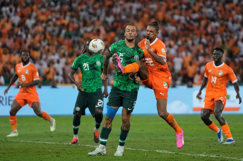 Sebastien Haller (second right) scored Ivory Coast’s final winner to cap his comeback after being diagnosed with testicular cancer (Themba Hadebe/AP)