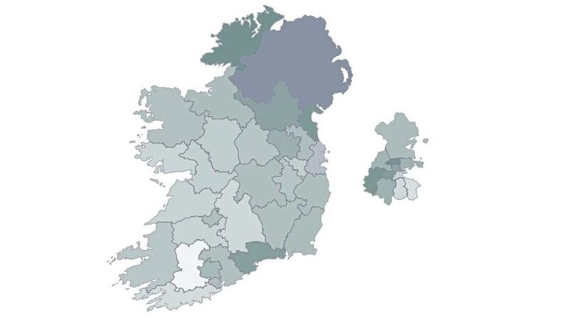 An RT&Eacute; graphic showing the areas with the most first preference votes for Sinn F&eacute;in 