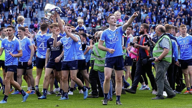 Brian Fenton and his Dublin team-mates celebrate after winning the 2017 All-Ireland Senior Football Championship at Croke Park, Dublin. Picture by Seamus Loughran 