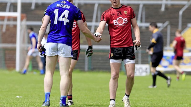 Cavan&#39;s Patrick Lynch and Down&#39;s Ryan McAvoy will be on opposite sides again this afternoon. Picture by Philip Walsh. 