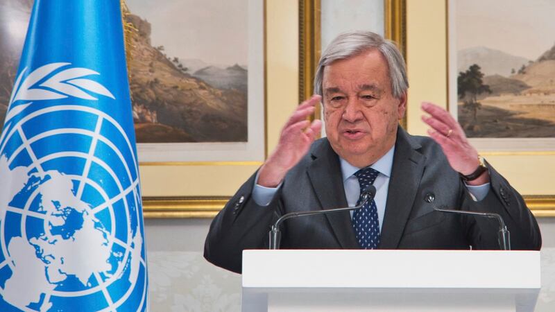 United Nations Secretary-General Antonio Guterres speaks to journalists on the sidelines of a summit on Afghanistan in Doha, Qatar, on Monday (Lujain Jo/AP)