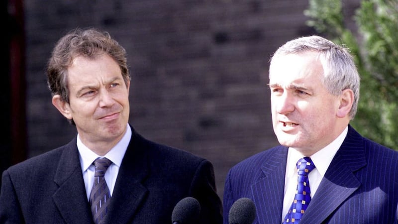Former British prime minister Tony Blair and then taoiseach Bertie Ahern during peace talks 