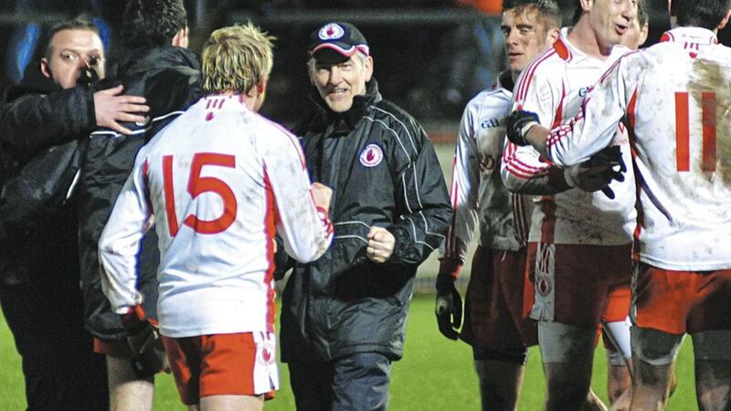 HARTE-STOPPING STUFF: Tyrone manager Mickey Harte and his players celebrate their side&rsquo;s last-gasp victory over Kerry which moved them closer to safety in 2010 NFL Division One 
