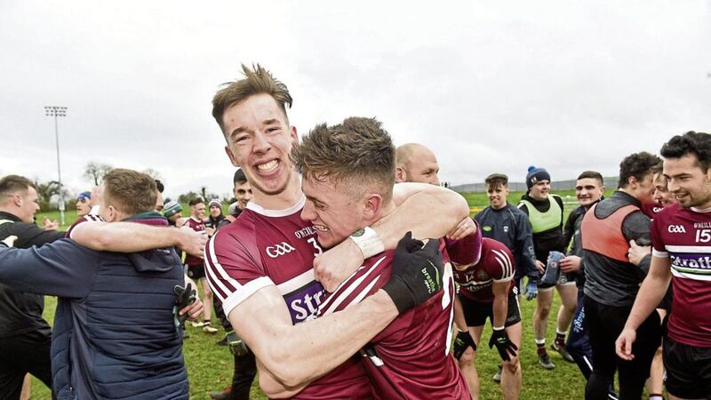 Caolan Dillon, left, and Liam Rafferty celebrate St Mary's Sigerson Cup semi-final win over UCD.<br /> Picture by Matt Browne/Sportsfile