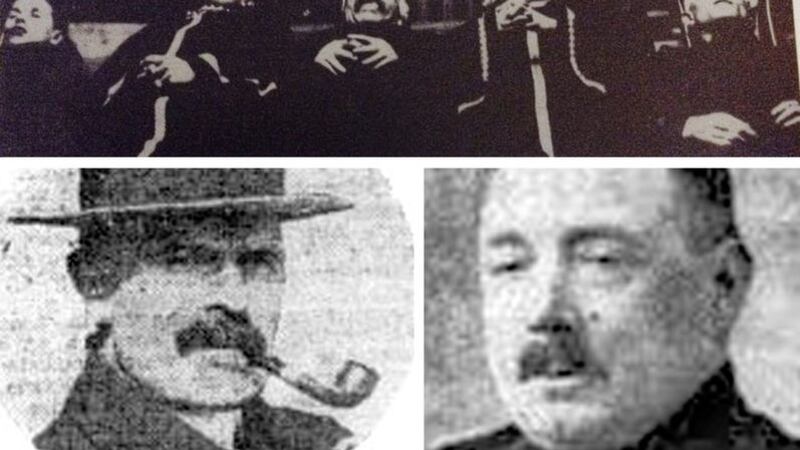 The bodies of Owen McMahon and three of his sons along with their bar manager, Edward McKinney (far right) were laid out at the Mater hospital morgue. RIC District Inspector and future independent unionist Stormont MP, John Nixon (bottom right) was accused of leading the murder gang. Owen McMahon (bottom left) was a director of Glentoran Football Club<br /> 