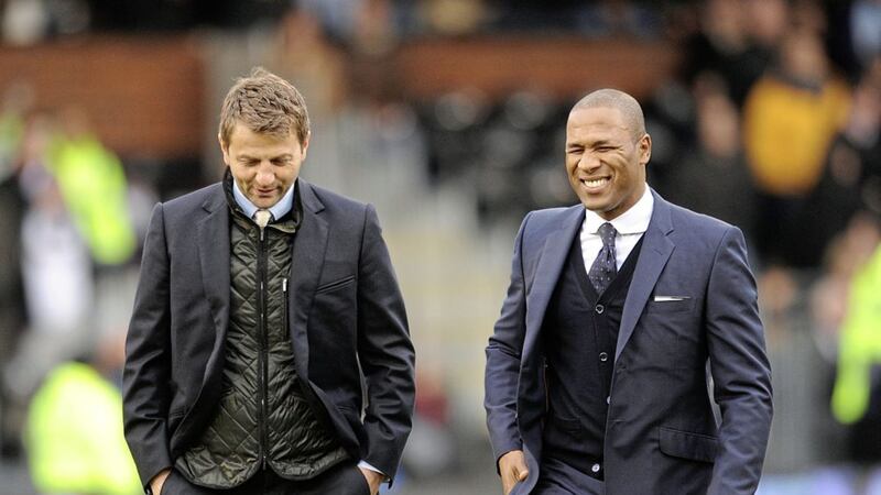 Les Ferdinand, right, continues to deny involvement in the destruction of the Blue Peter garden in 1983. Tim Sherwood, also pictured, has never been implicated in the destruction of any garden  to the best of Dodgy&#39;s knowledge 