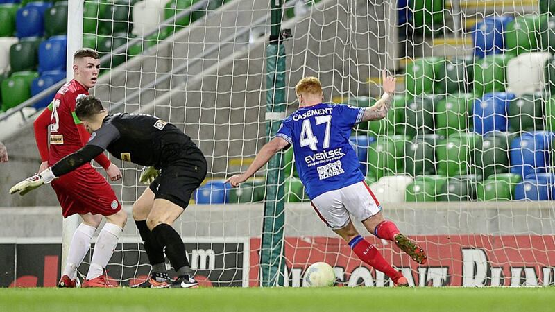 Linfield&#39;s Christopher Casement pictured scoring his teams goal during the Danske Bank Premiership game at Windsor Park in Belfast on Saturday December 7 2019. Picture by Arthur Allison/Pacemaker Press. 