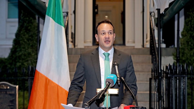 Taoiseach Leo Varadkar at Blair House, Washington DC, during a press conference where he announced that all schools, colleges and childcare facilities in Ireland will close until March 29 as a result of the Covid-19 outbreak. Picture by Niall Carson/PA Wire&nbsp;