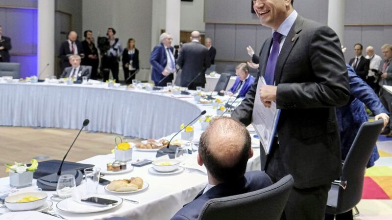 Taoiseach Leo Varadkar attends a breakfast meeting at an EU summit in Brussels on Friday. Picture by Olivier Hoslet, Pool Photo via Associated Press. 