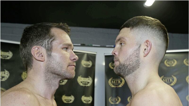 Luke Keeler and Conrad Cummings face off at yesterday&#39;s weigh-in ahead of tonight&#39;s WBO European title fight at the Ulster Hall. Picture by Hugh Russell 