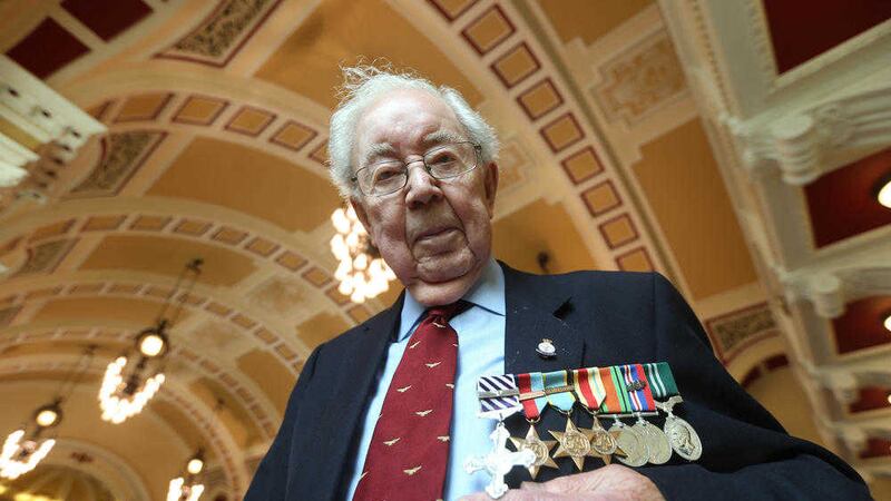 Tom Long from Bangor attending at a VJ70 commemortaion lunch at Belfast City Hall yesterday. Picture by Hugh Russell 