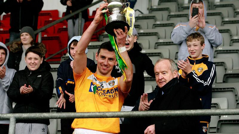 Allianz Hurling League Division 2A final: Antrim 2-12 Carlow 0-15<br />Antrim hurling captain Simon McCrory lifts the Allianz League Division 2A Cup at Pairc Esler after the Saffrons beat Carlow in the final.&nbsp;<br />All pictures by Seamus Loughran