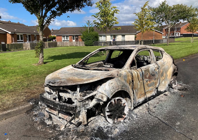 A burnt-out vehicle in Galliagh. Picture by Margaret McLaughlin