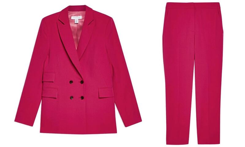 Topshop Fully Lined Jacket, &pound;49; Tapered Suit Trousers, &pound;30, available from Topshop