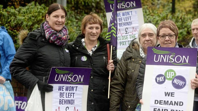 Pamela English, Joanne Emerson, Anne Grant and Roberta Hill, based in Belfast City Hospital&#39;s sterile services, went on strike yesterday as part of Unison action over pay and staffing. Picture by Mark Marlow 