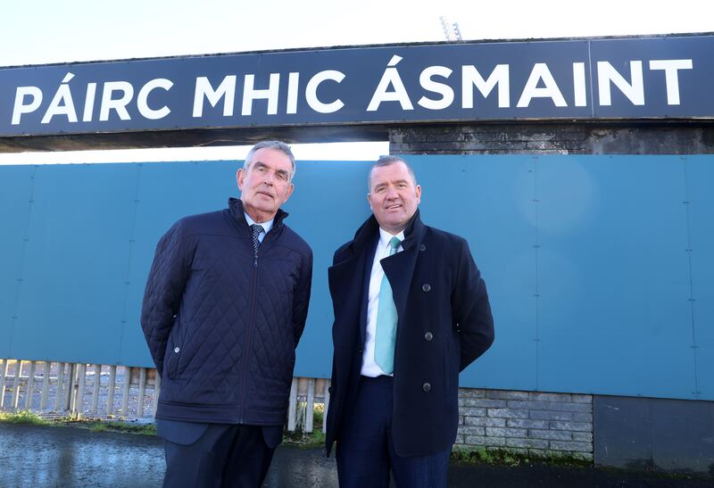 Tom Daly, Ulster GAA Stadium Board Chairperson and Stephen McGeehan - Head of Operations & Project Sponsor for Casement Park following the announcement the Irish Government  will be investing €50m in the landmark West Belfast stadium. PICTURE: MAL MCCANN