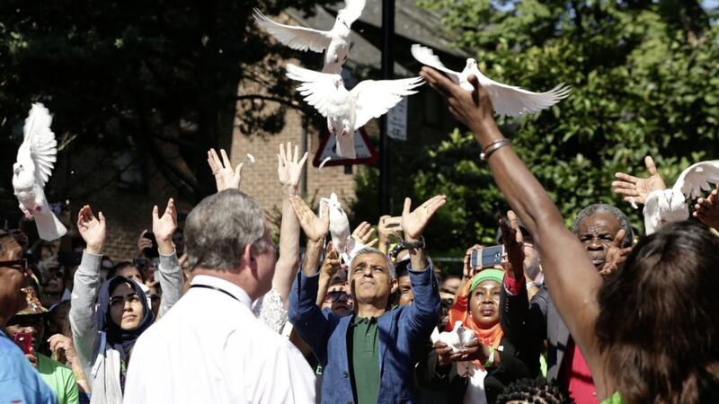 Mayor of London Sadiq Khan takes part in a release of doves as a show of respect for those who died in the Grenfell Tower fire, during the Notting Hill Carnival Family Day in west London	PICTURE: Yui Mok/PA 