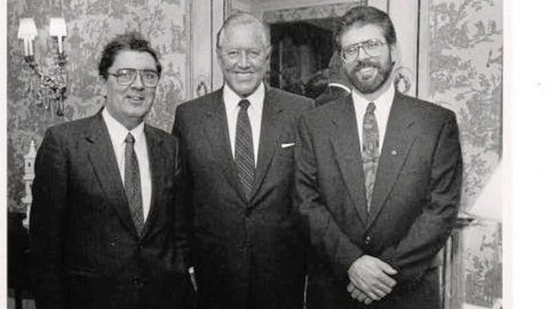 Bill Flynn who has died aged 92, pictured with John Hume and Gerry Adams during the early years of the peace process. 